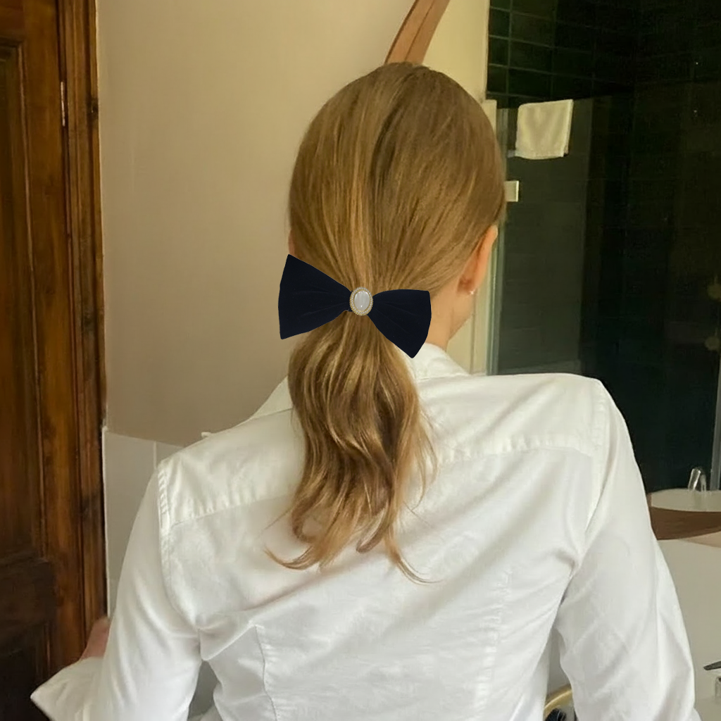 Vintage Pearl Black Velvet Hair Bow